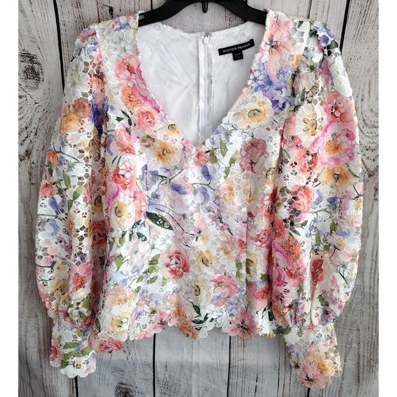 Boston Proper NEW Garden Floral Lace Fitted Bodice Puff Slv V-Neck Blouse Medium - Picture 2 of 15